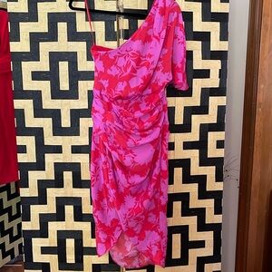One shoulder red and light purple print dress, size Small, NWT